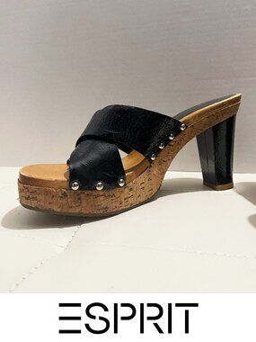 Esprit Black Leather Upper | Criss Cross Cork Platform Studded Mules | Size 10M